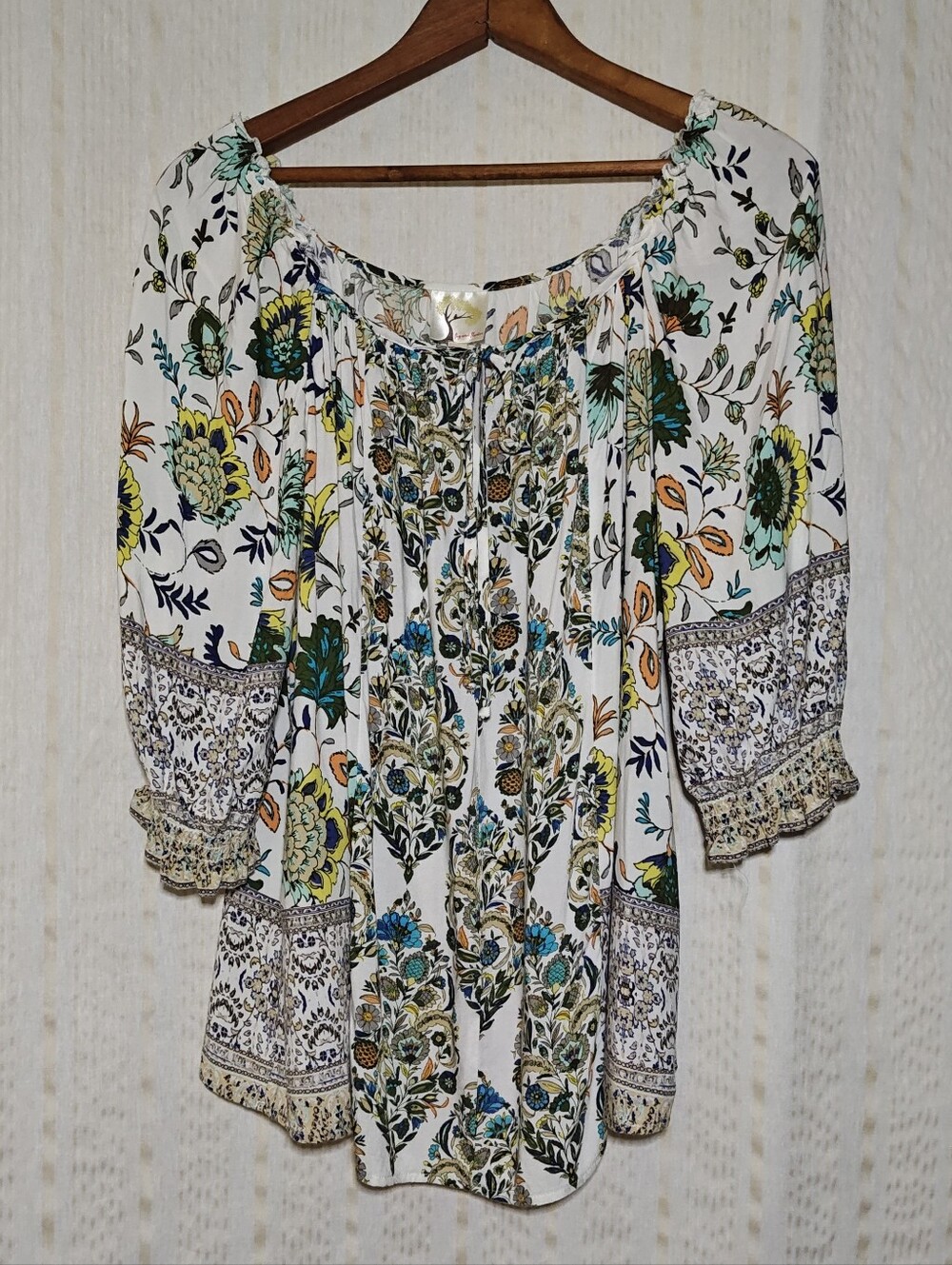 Fig & Flower Cream Floral Boho Peasant Tunic Top Size Medium